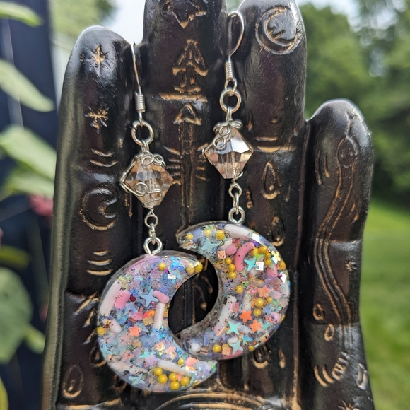 Moon Earrings Candy Sprinkles Resin Handmade Crescent Moon Wire Wrapped Cute Art - Picture 3 of 8